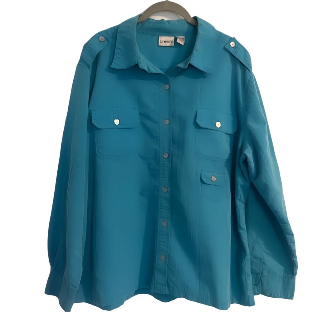 Chico’s Blouse Top Women's Size 3 Large Blue Textured Button Down Tab Sleeves‎